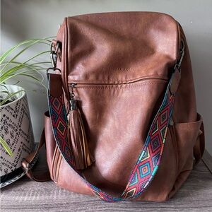 Brown Faux Leather Tote Backpack with Colorful Strap